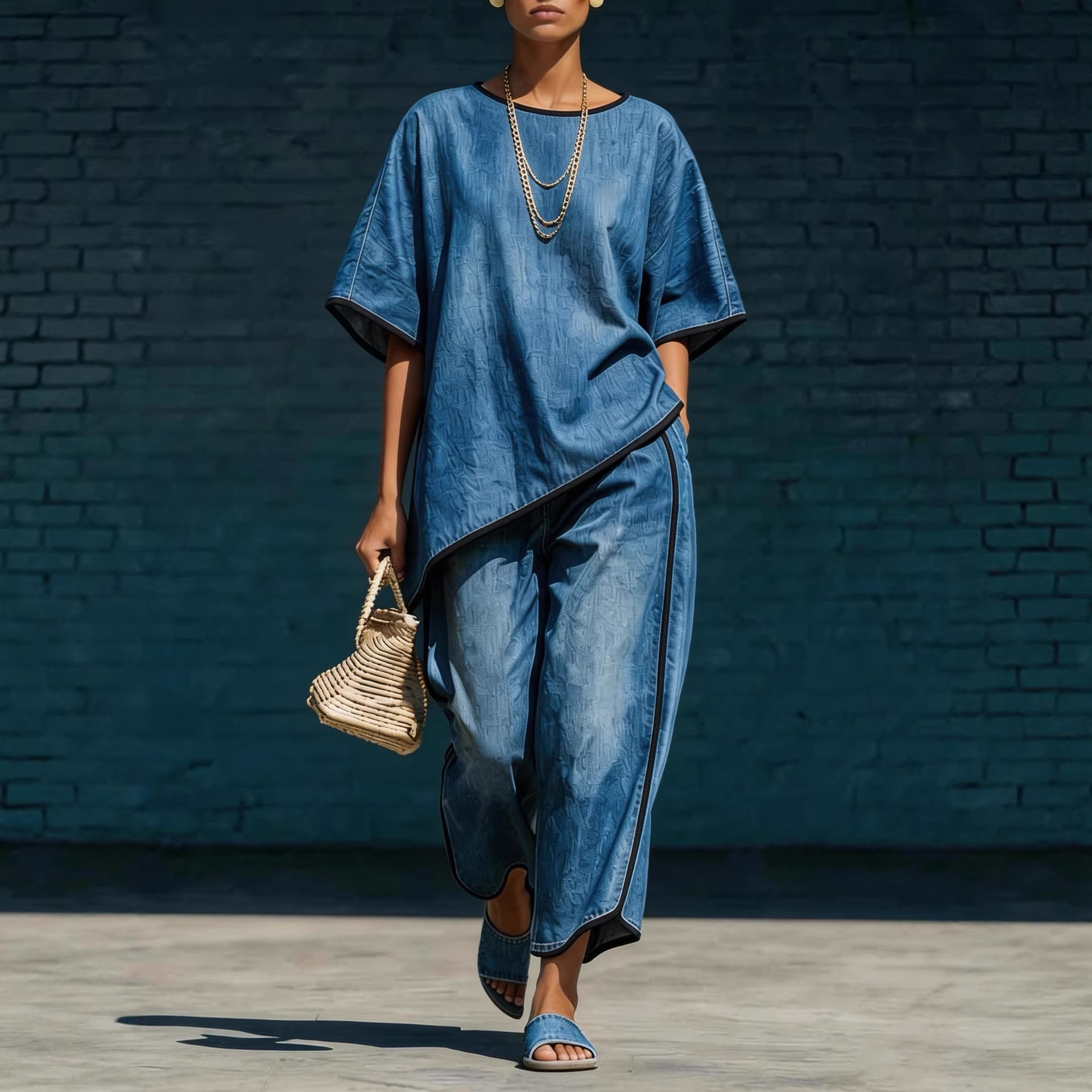 Elegant Casual Denim-Style Loose Wide-Leg Pants Two-Piece Set