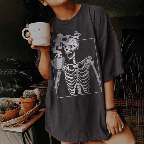 Drop Shoulder Short Sleeve Skull End Hot Drink Gradient Printing T-shirt