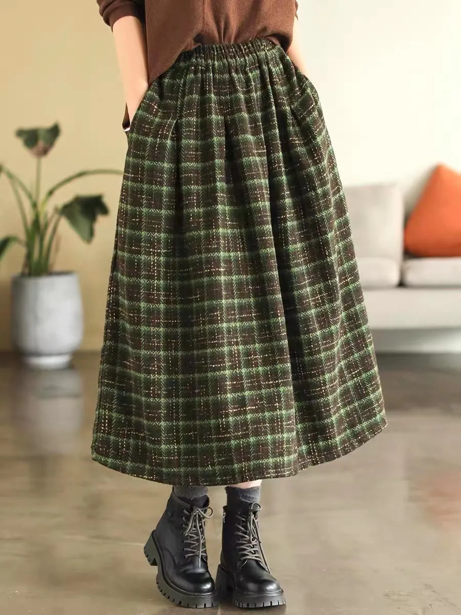 Elastic High Waist Woolen Cloth Plaid A- Line Dress - Green
