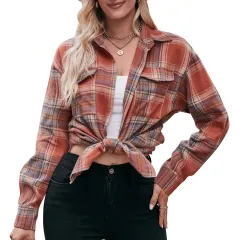 Women's Autumn Winter Coat Casual Fashion Loose Plaid Shirt - Caramel-L - View 1