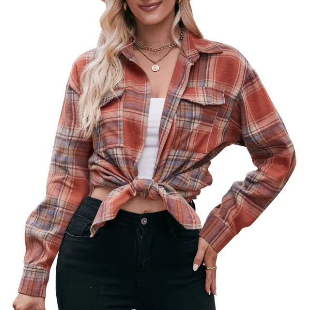 Women's Autumn Winter Coat Casual Fashion Loose Plaid Shirt Caramel L - Shop at LoveMi