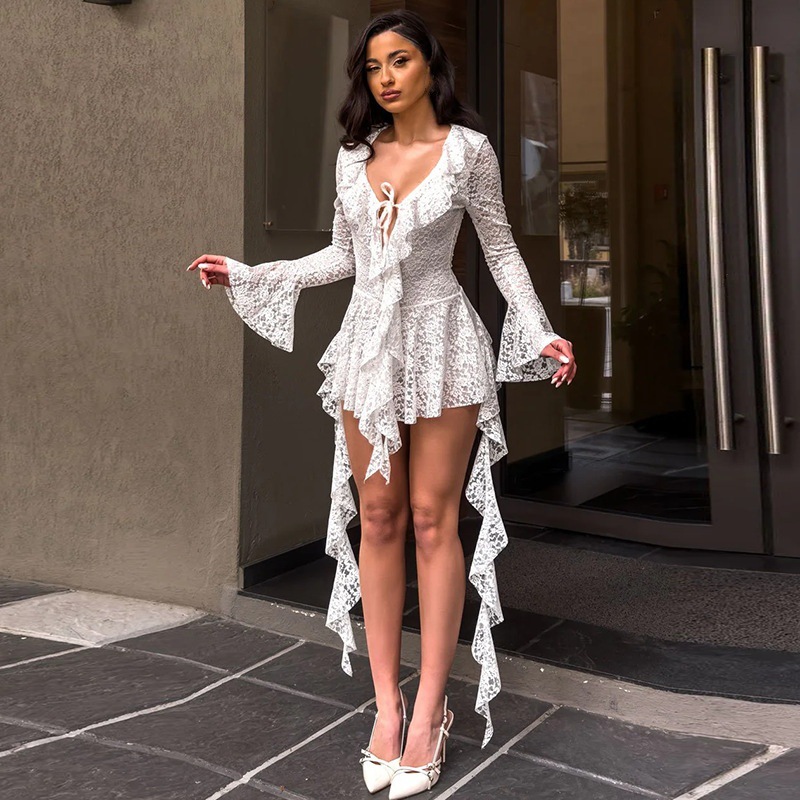 Lace up Deep V Micro cut Sleeve Tight fitting Cinched Lace Dress White - Shop at LoveMi