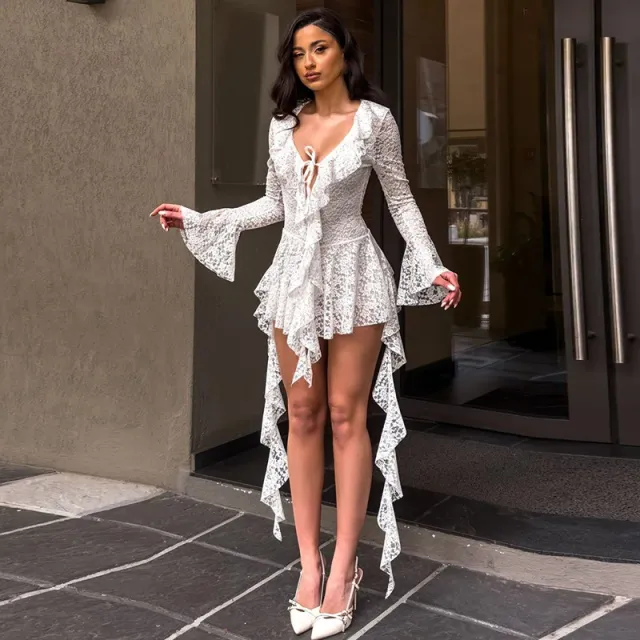 Lace up Deep V Micro cut Sleeve Tight fitting Cinched Lace Dress White - Shop at LoveMi