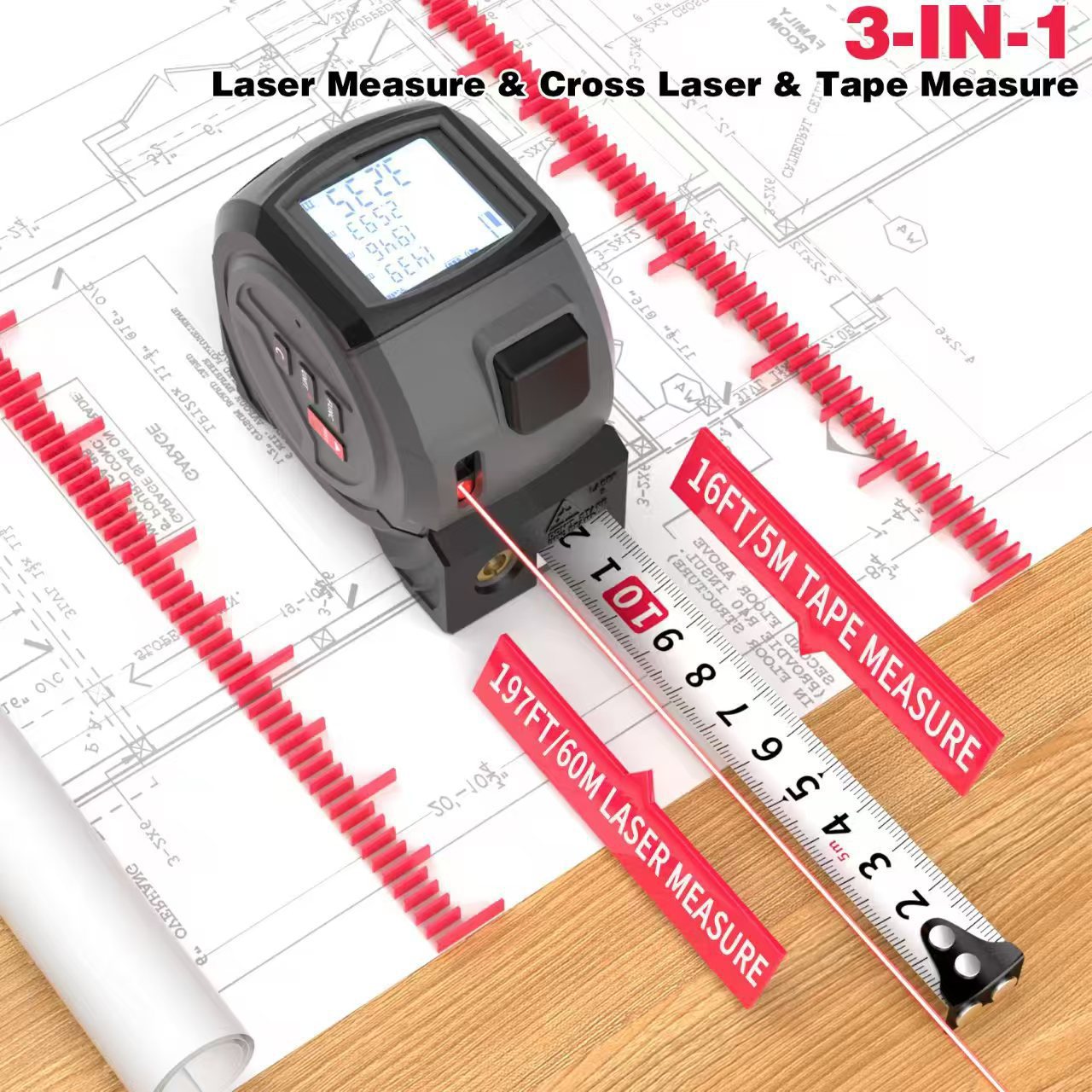 40-meter Digital Smart Tape Measure 3-in-1 Infrared 60-meter Distance Measurer With Cross-line Laser Projection 5