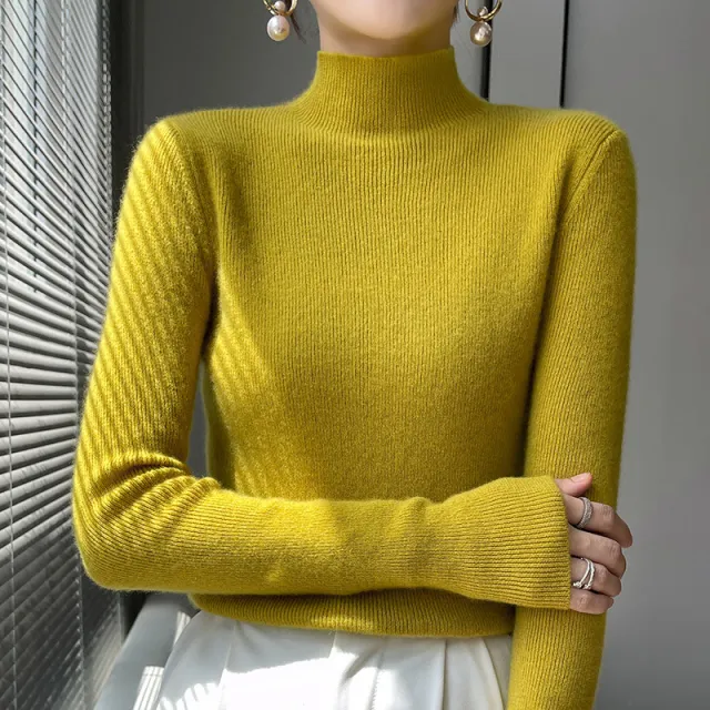 Warm Long Sleeves Knitted Half Turtleneck Women's Base Shirt Yellow - Shop at LoveMi