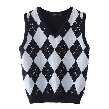 Retro Preppy Style Versatile Diamond-Check BM Knitted Vest