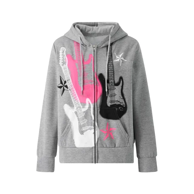 European And American Style Electric Guitar Printed Hoodie Gray - Shop at LoveMi