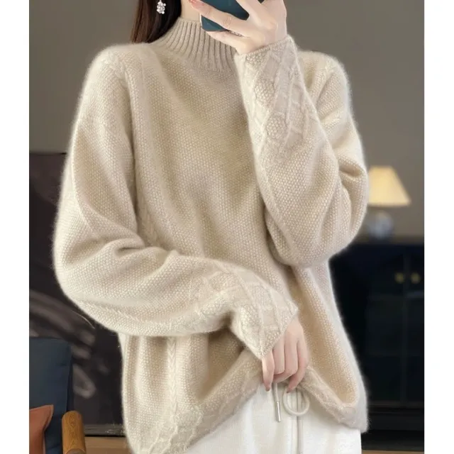 Retro Jacquard Knitted HalfHigh Neck Base Sweater Loose Effortless Base Top Light Camel - Shop at LoveMi