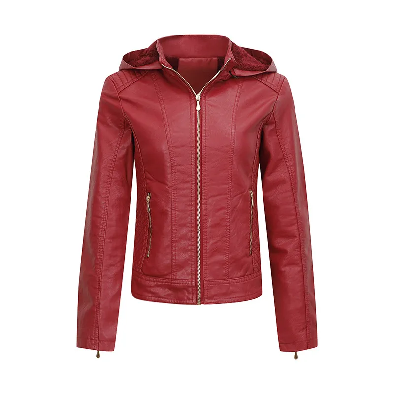 Women's Clothing Fleece-lined Thickened Leather Coat Hooded - Wine Red