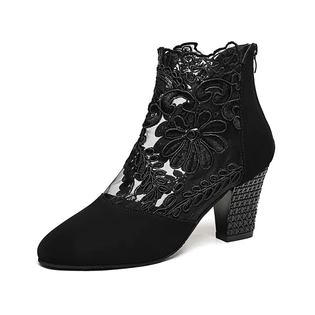Women's Lace Mesh Chunky Heel Sandals Black - Shop at LoveMi