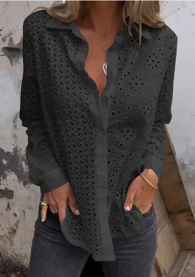Women's Shirt Hollow Printed Loose Button Mesh Top Black - Shop at LoveMi