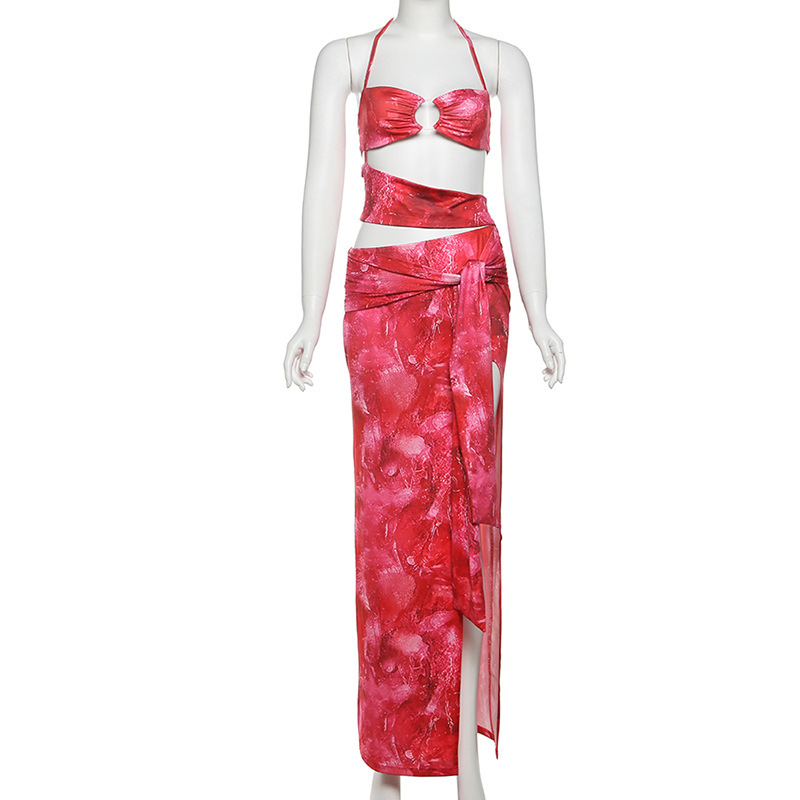 Graceful Personality Tie dye Metal Ring Stitching Design Low cut Exposed Navel Lace up Dress Red - Shop at LoveMi