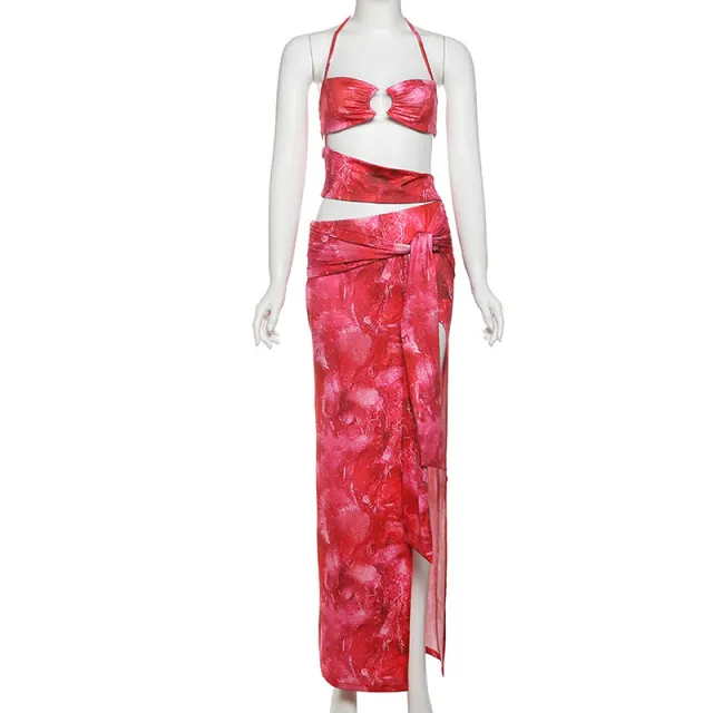 Graceful Personality Tie dye Metal Ring Stitching Design Low cut Exposed Navel Lace up Dress Red - Shop at LoveMi
