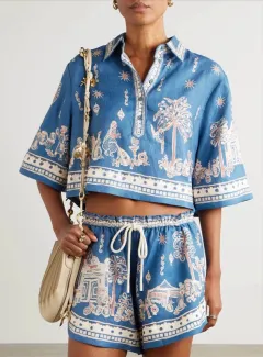 Womens Printed Linen Short-Sleeve Shirt And Shorts Set - Colour-Xl - View 1