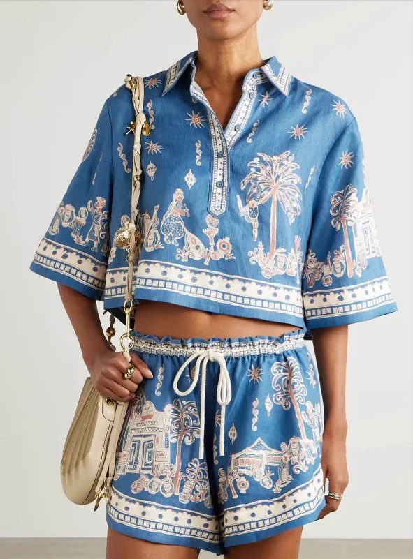 Womens Printed Linen Short Sleeve Shirt And Shorts Set Color Xl - Shop at LoveMi