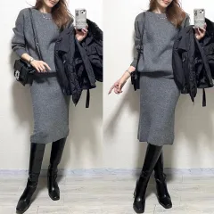 White Collar Thickness Knitted Two-piece Thermal Base Bandage Dress Suit - Gray - View 1
