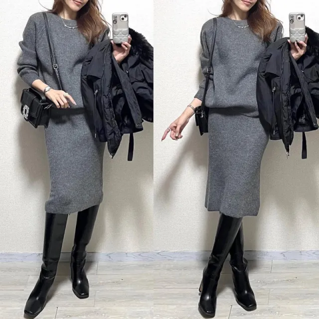 White Collar Thickness Knitted Two piece Thermal Base Bandage Dress Suit Gray - Shop at LoveMi