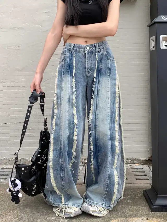 Retro High Waist Slimming Raw Edges Design Stitching Jeans Blue 2B3 - Shop at LoveMi