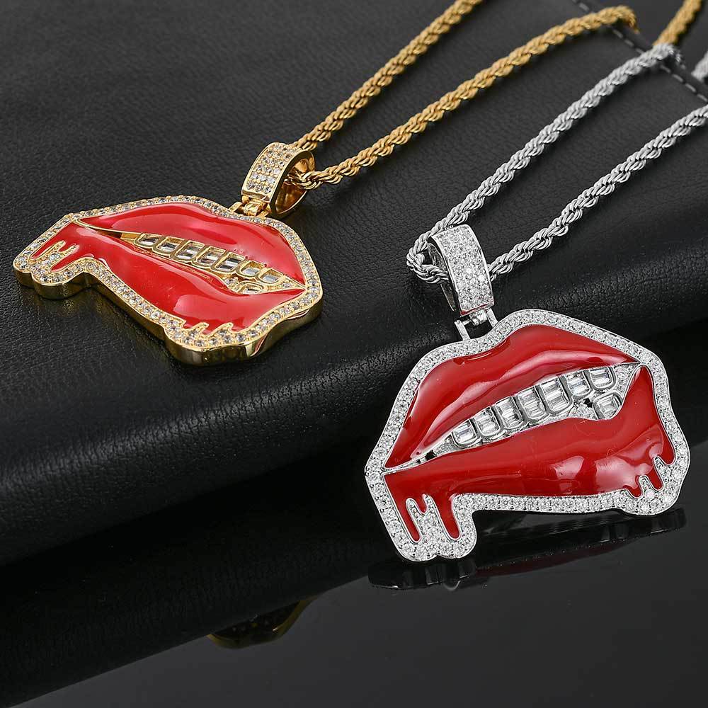 Oil Dripping Red Lip Pendant Copper Inlaid With Zircon Pendant Necklace