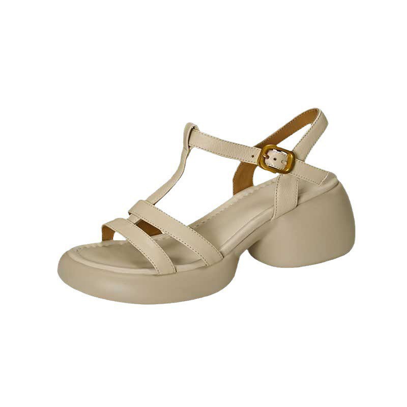 Sandales à talons épais et à semelles épaisses pour femmes en cuir véritable – Image 3