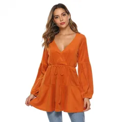 Cross V-neck Waist Girdling Band Knitted Dress - Orange - View 1
