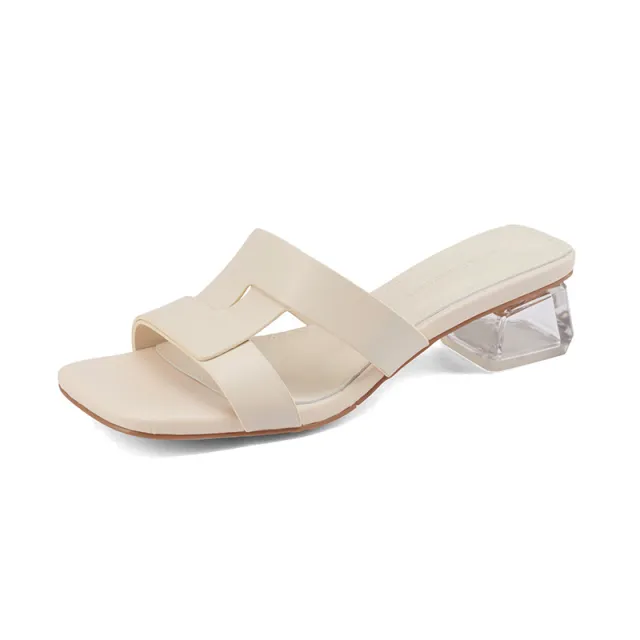 New Outdoor Real Soft Leather Chunky Heel Square Toe Open Toe Sandals Beige - Shop at LoveMi