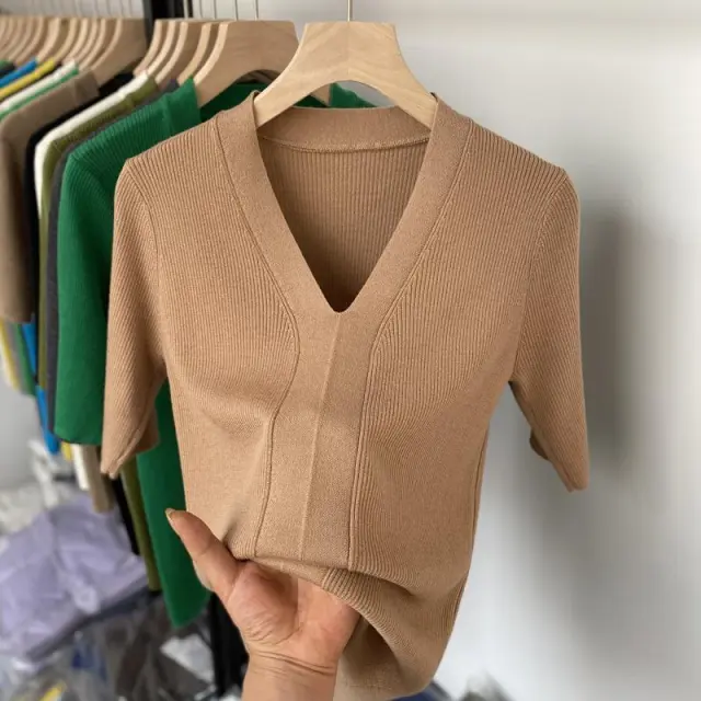 Ice Silk Slim Fit Slim Looking Base Knitwear Short Sleeve Khaki - Shop at LoveMi