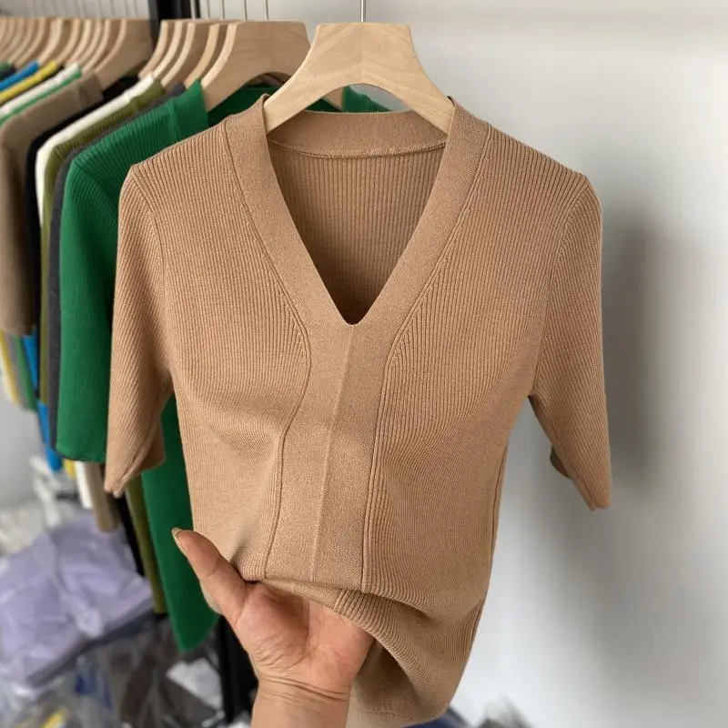 Ice Silk Slim Fit Slim Looking Base Knitwear Short Sleeve - Khaki