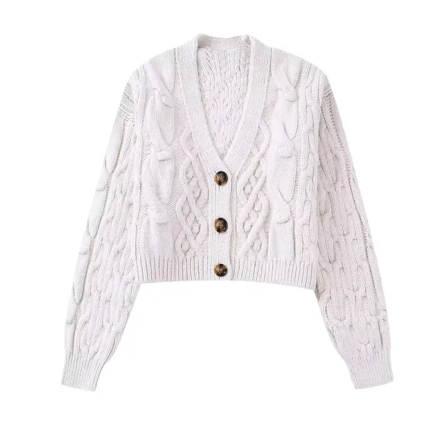 Autumn And Winter Fashion Long Sleeve V neck Knitted Cardigan Female Cropped Sweater Coat Beige - Shop at LoveMi