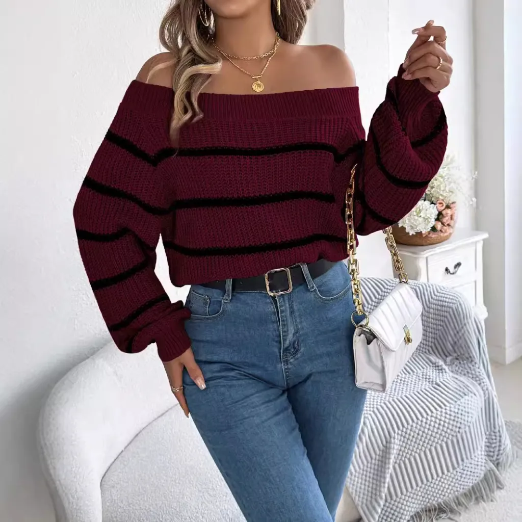 Casual Striped Off-the-shoulder Lantern Sleeve Pullover - Wine Red