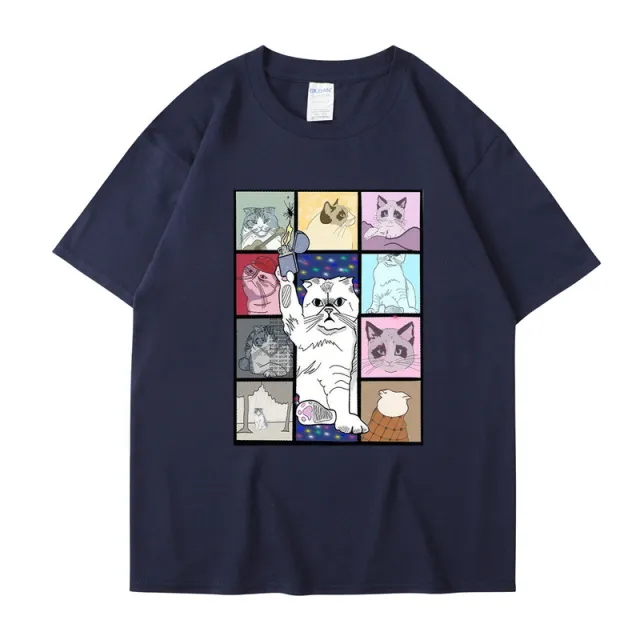 Animal Dog Cat Printed T shirt Loose Hip Hop Street Navy - Shop at LoveMi