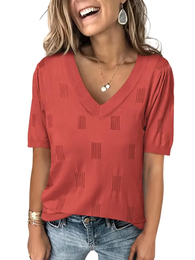 V neck Lightweight Thin Knit Sweater With Short Sleeves Red - Shop at LoveMi