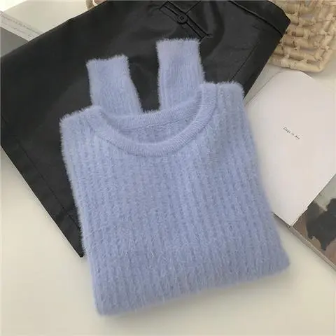 Mink Round Neck Vertical Texture Solid Color Long Sleeve Sweater Women's Autumn Clothing Korean Style Sweet All matching Cropped Pullover Sweater ... Blue - Shop at LoveMi