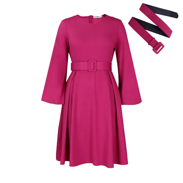 With Belt Long Sleeve Elegant Graceful Round Neck Large Swing Dress Rose Red - Shop at LoveMi