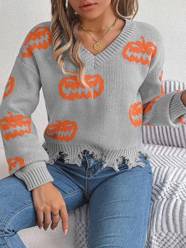 Halloween Contrast Color Pumpkin Cut Long Sleeve Sweater Gray - Shop at LoveMi