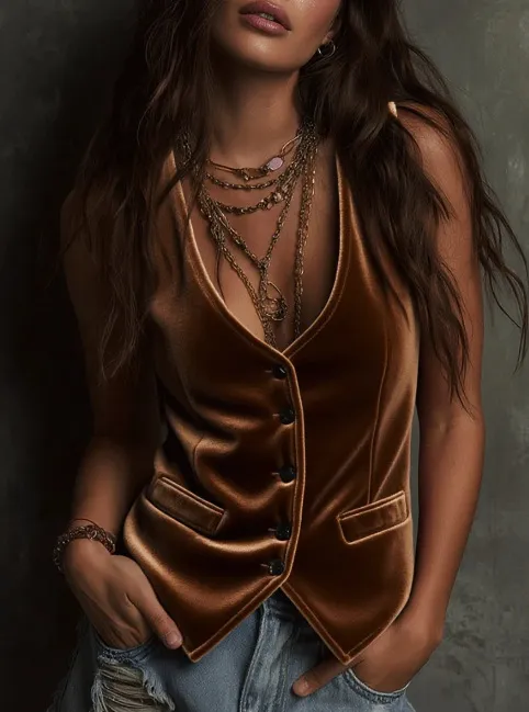Fashionable New Women's Clothing Button Sexy Vest Brown - Shop at LoveMi