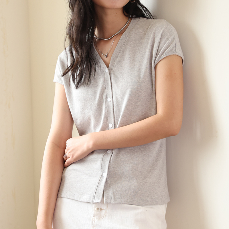 Womens V-Neck Linen T-Shirt Skin-Friendly Button-Up Cardigan Short-Sleeve Top
