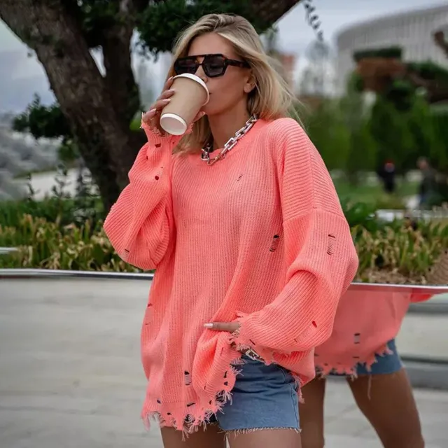 Women's Round Neck Loose Hole Mid length Long Sleeve Sweater Pink - Shop at LoveMi
