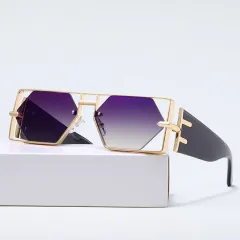 Hollow Big Square Rim Sunglasses Fashion Hip Hop - Gold Frame Blue Mercury - View 1