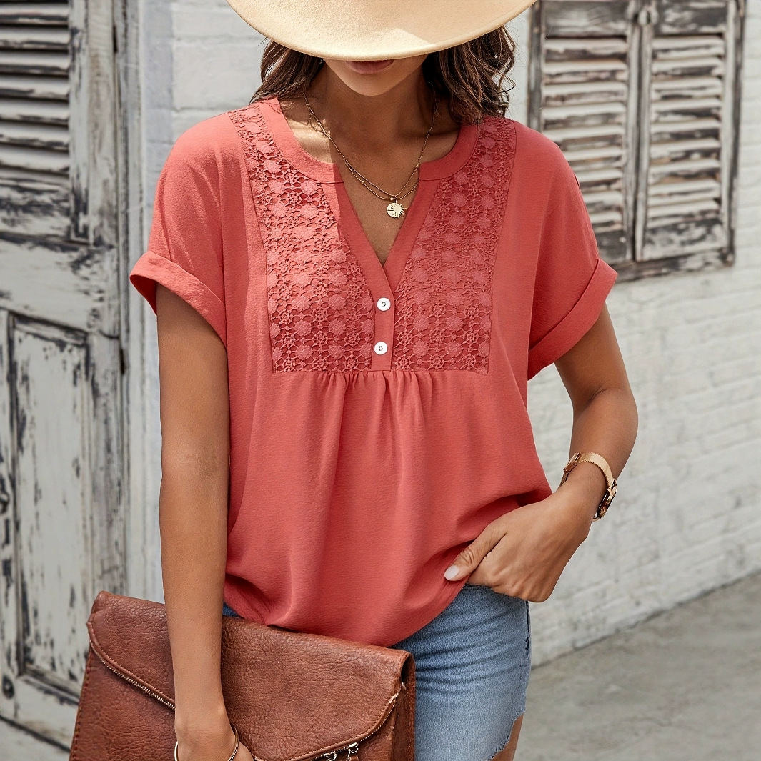 Women’s Plus Size Lace V Neck Short Sleeve Blouse Button Casual Elegant Top