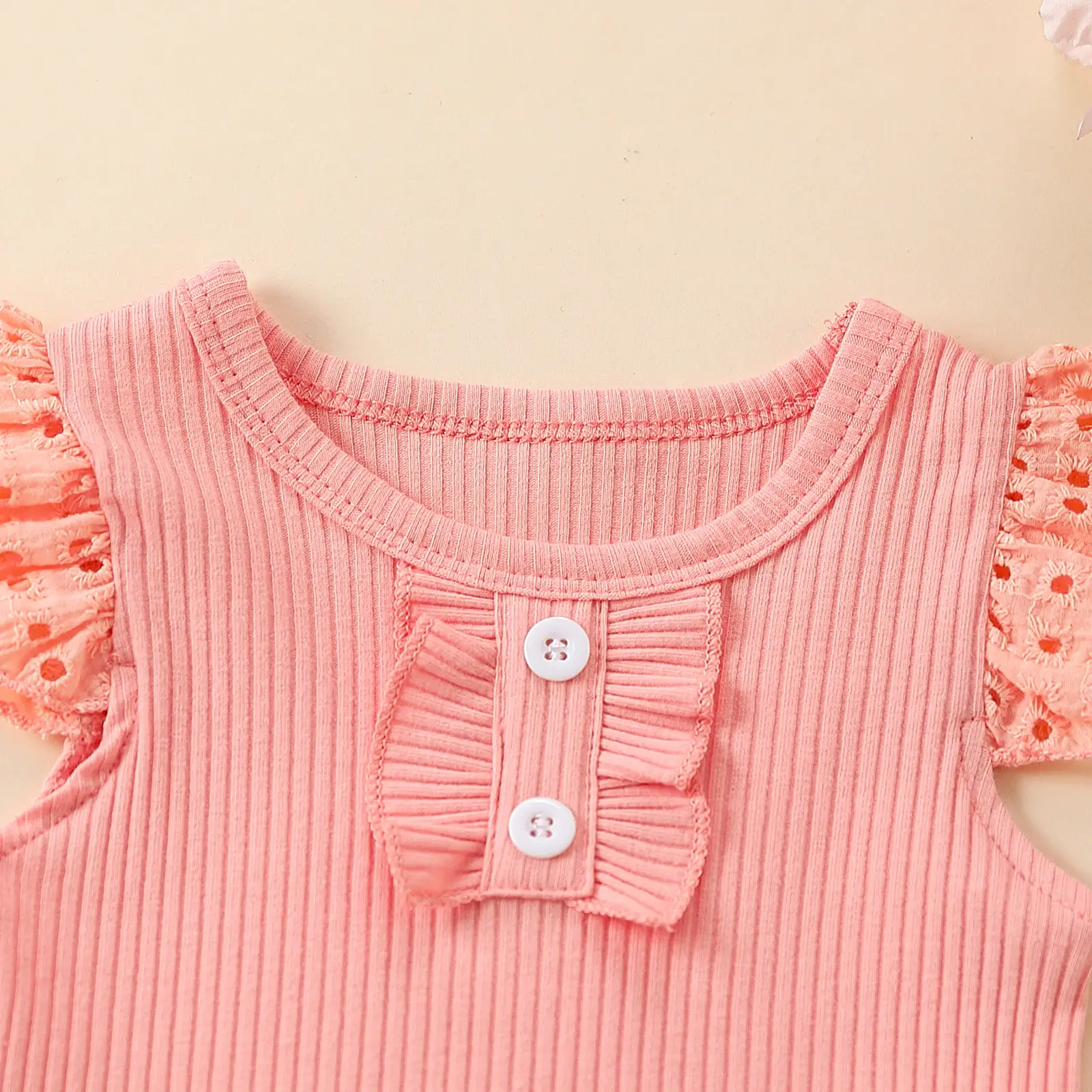 Girls' Flounced Sleeve Buttons Sunken Stripe Cotton Shorts Suit