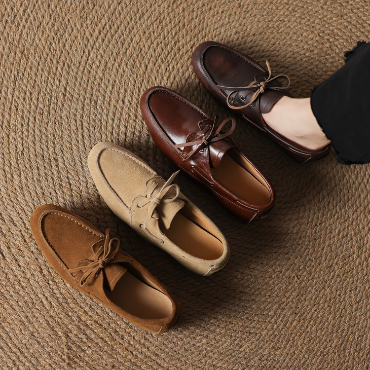 Lace-up Round-toe Flat Leather Womens Shoes