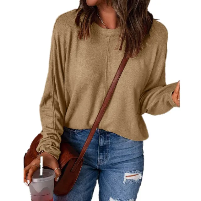 Autumn And Winter New Solid Color Stitching Long sleeved Top For Women Khaki - Shop at LoveMi