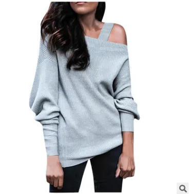 Long Sleeve Solid Color Rib Fabric Shoulder baring Sweater Sweater Gray - Shop at LoveMi