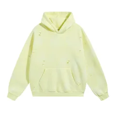 Washed And Worn Ripped Hooded Fleece Lined Sweater - Yellow - View 1