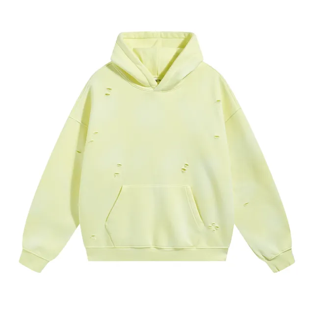 Washed And Worn Ripped Hooded Fleece Lined Sweater Yellow - Shop at LoveMi