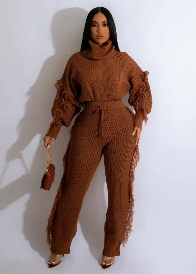 Casual Solid Color Knitted Long Sleeve Turtleneck Tassel Suit Brown 2 - Shop at LoveMi
