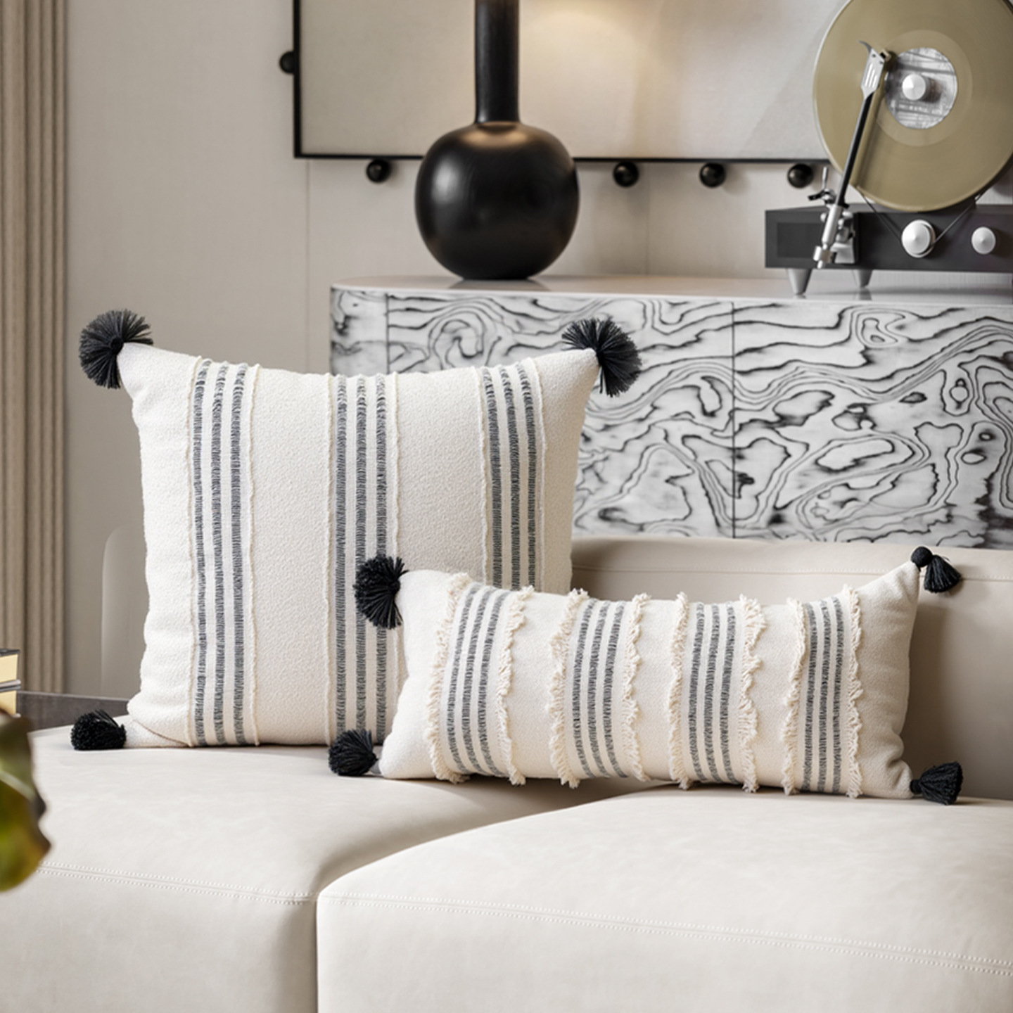 Rustic Wabi-Sabi-style 3D Tassel Square Pillow And Long Lumbar Pillow