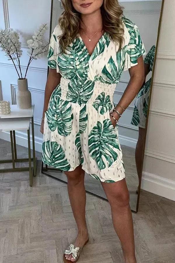 Leaf Print Shorts Jumpsuit Summer Beach Short-sleeved Bodysuit For Women Clothing - White