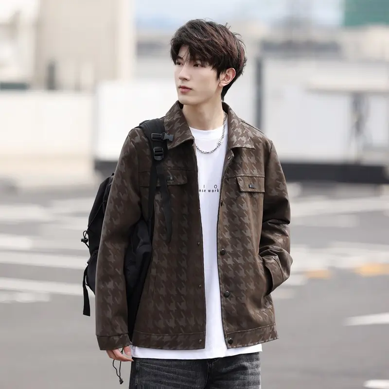 Business-Casual Houndstooth Quilted PU Leather Jacket